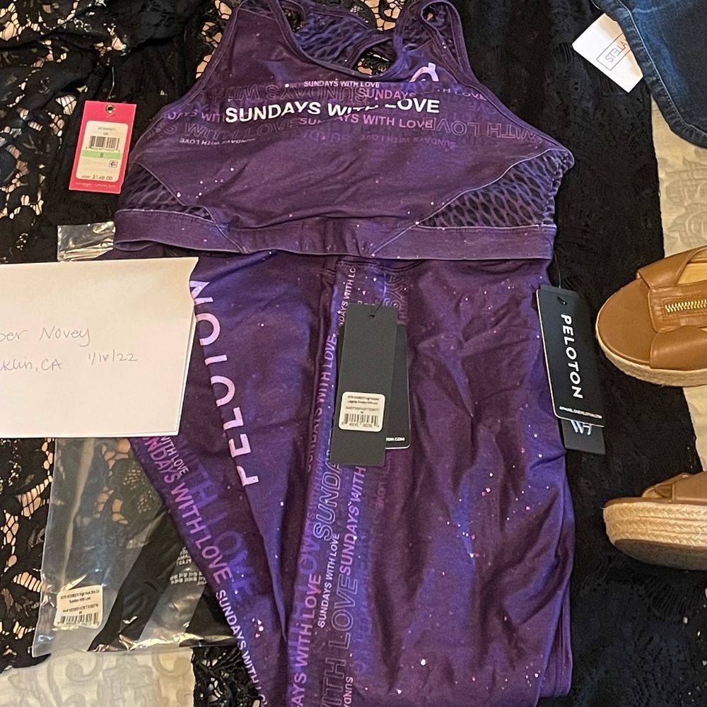 NWT - WITH brand - Peloton sundays with love purple sports bra and workout pants
